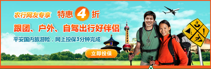 农行网友专享，特惠4折。跟团，户外，自驾出行好伴侣，平安国内旅游险，网上投保3分钟完成